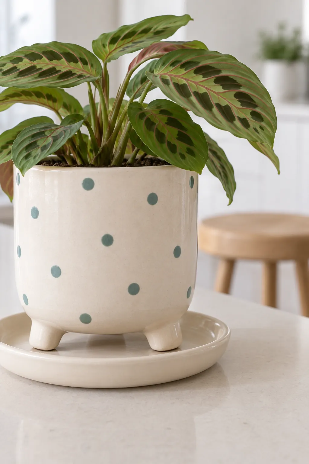 Cream polka dot ceramic pot on three short broad feet containing a small maranta in a spacious kitchen breakfast bar away from food preparation