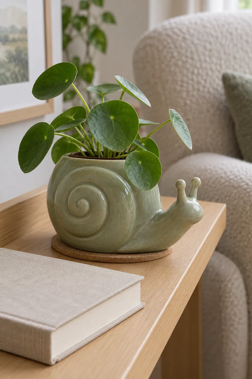 Sage snail cachepot with a coiled shell and compact pilea in a sturdy low book ledge in a reading corner