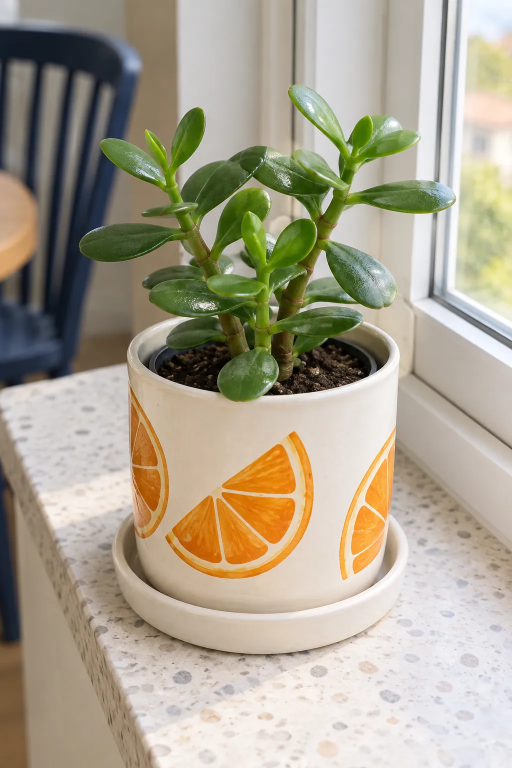Pale ceramic pot with three painted orange slice wedges and a young jade plant in a small breakfast nook windowsill surfaced in pale terrazzo
