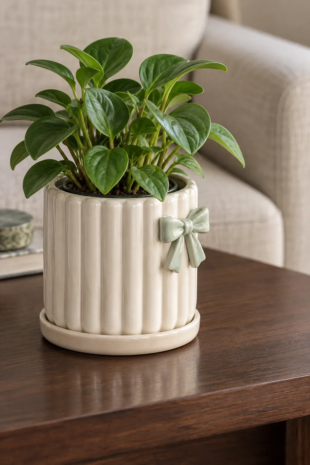 Ivory fluted ceramic cylinder with a small attached bow and green peperomia in a living room side table with a dark walnut top