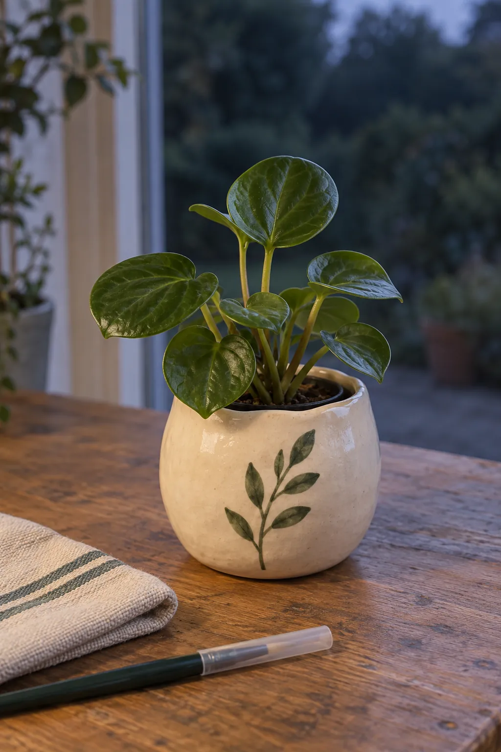 Handmade rounded cream pinch pot with one painted green botanical sprig and a small plant in a home maker worktable after cleanup near a garden facing window