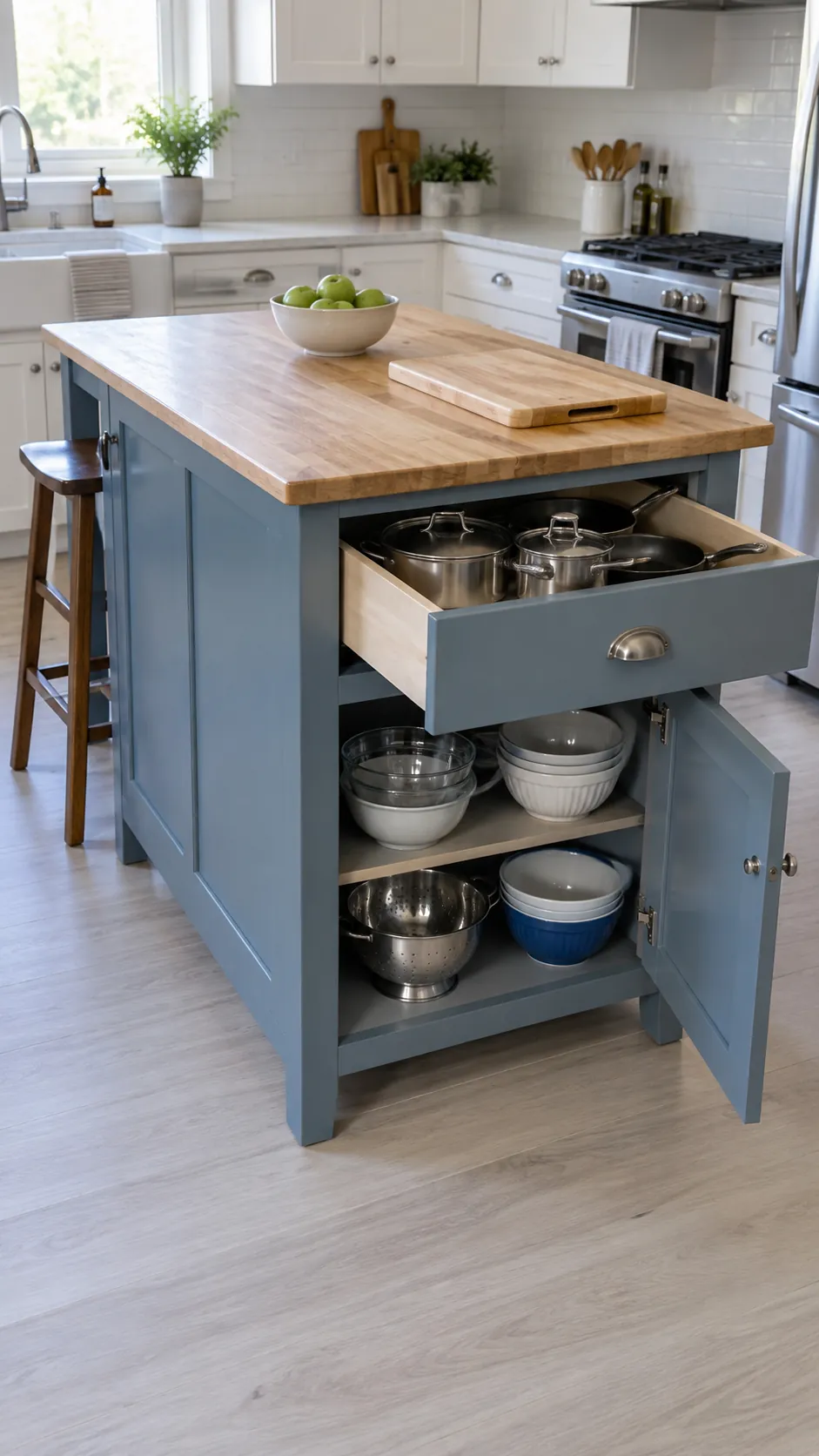 Organized kitchen island drawers and cabinets in a compact home