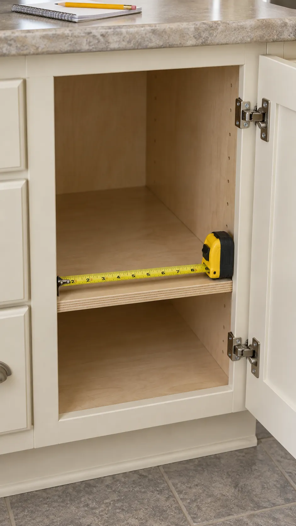 Tape measure across the clear opening of a kitchen island cabinet