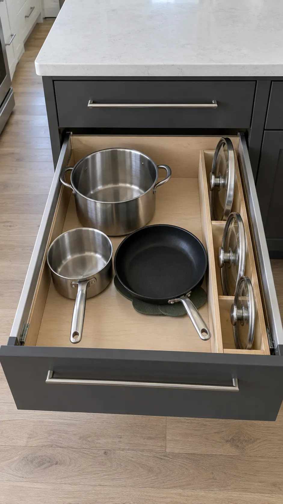 Cookware and divided lids in a deep island drawer