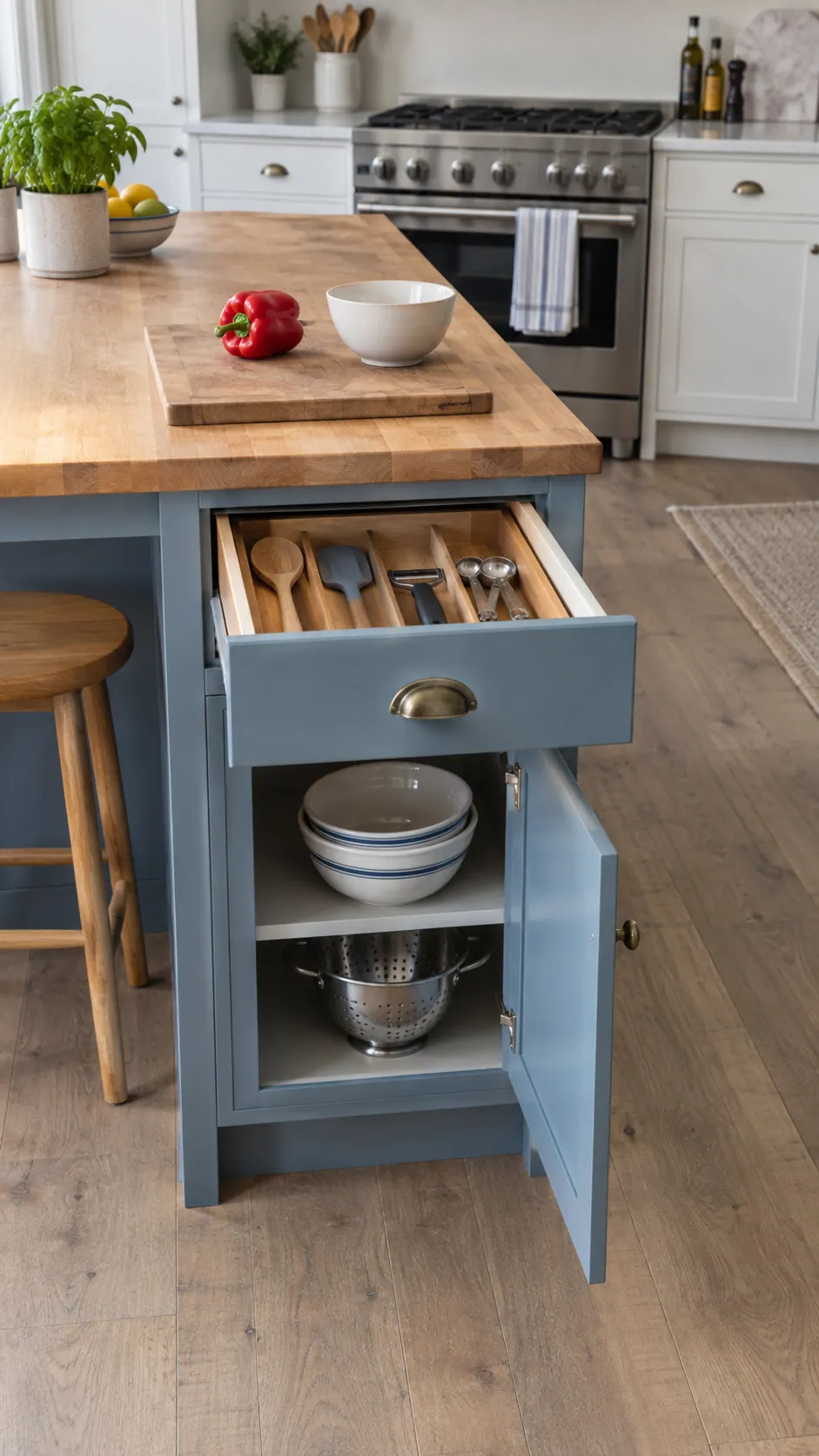 Preparation tools and mixing bowls on the working side of a kitchen island