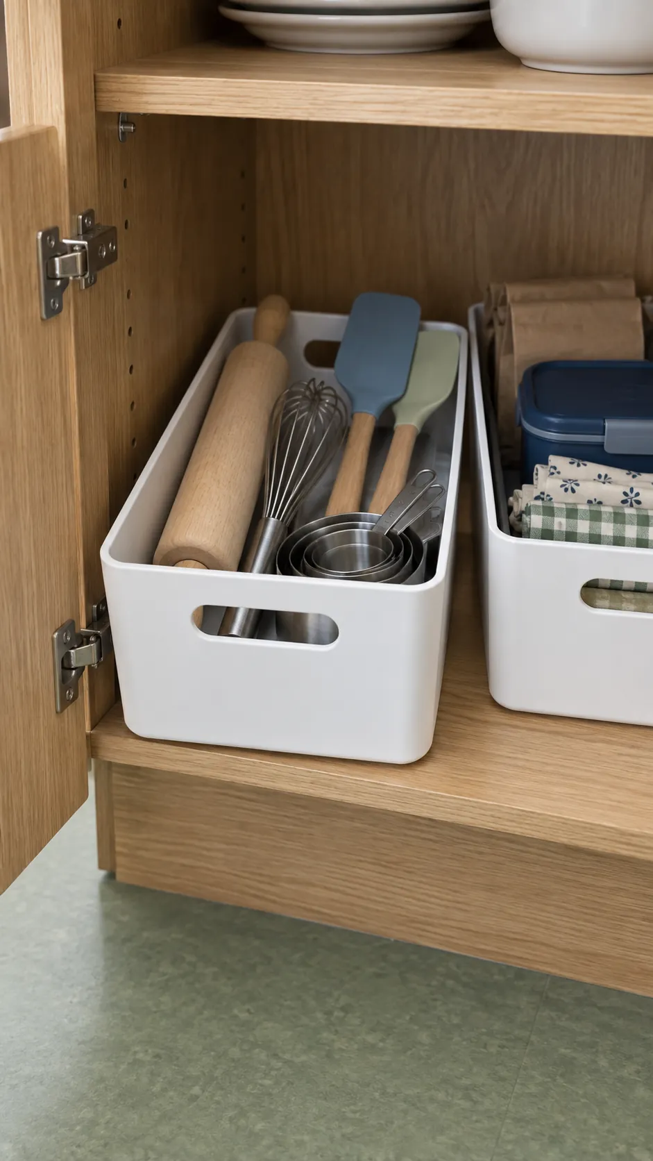Light baking and lunch supplies in accessible island shelf bins