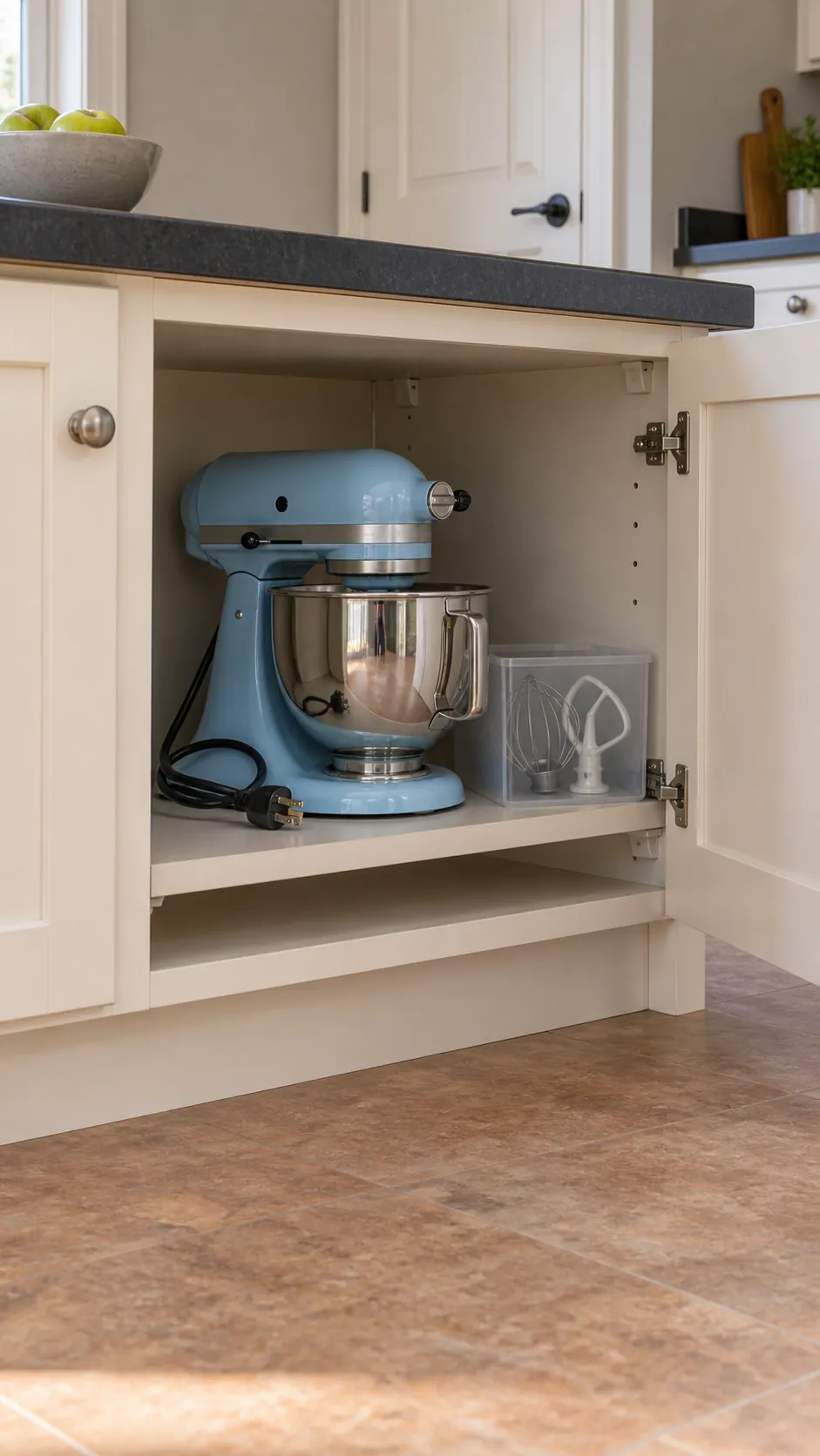 Unplugged stand mixer and attachments in an island storage cabinet