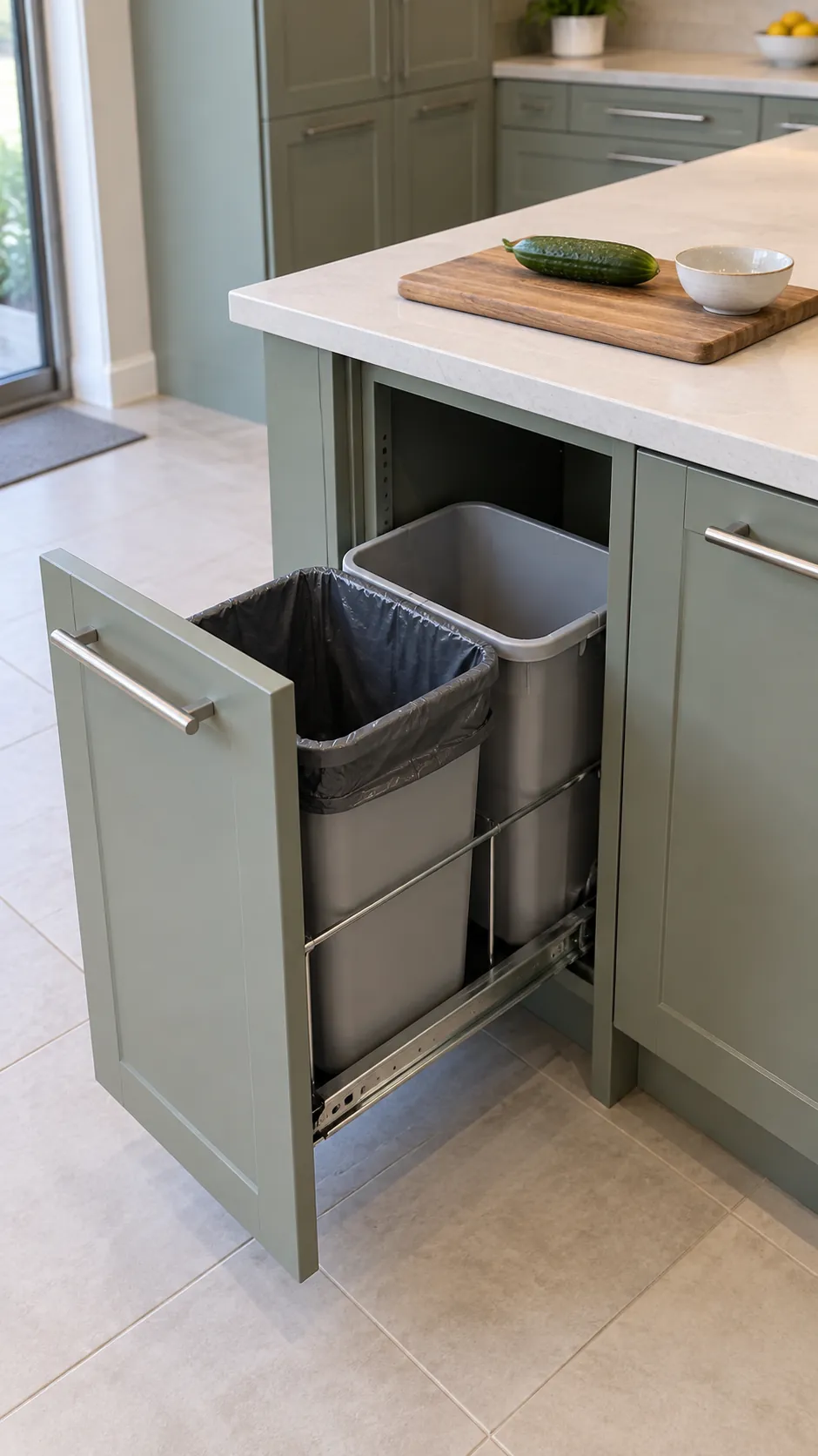 Separate waste bins in a kitchen island pullout