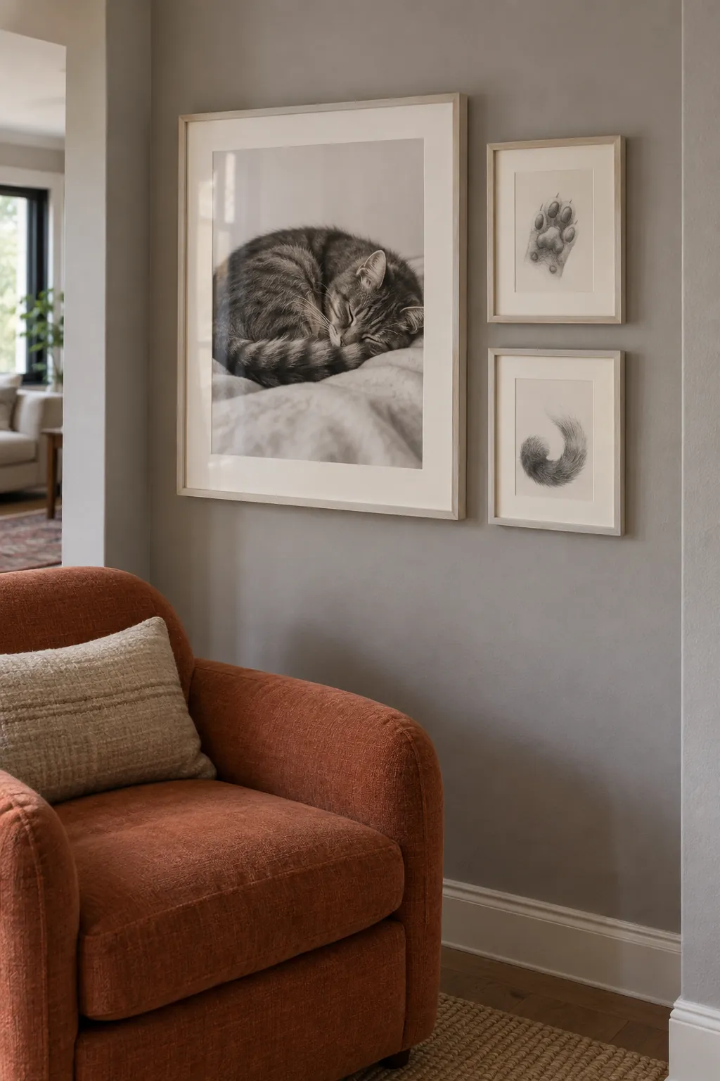One large photograph with smaller companions picture frame wall idea