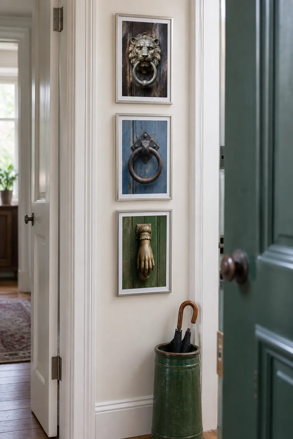 A narrow column beside a doorway picture frame wall idea