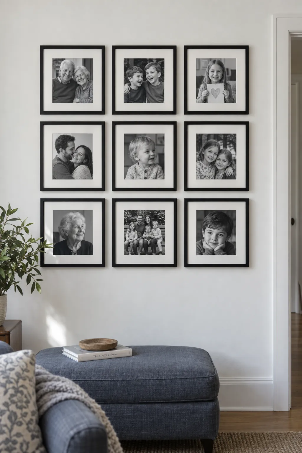 A precise grid of family photographs picture frame wall idea