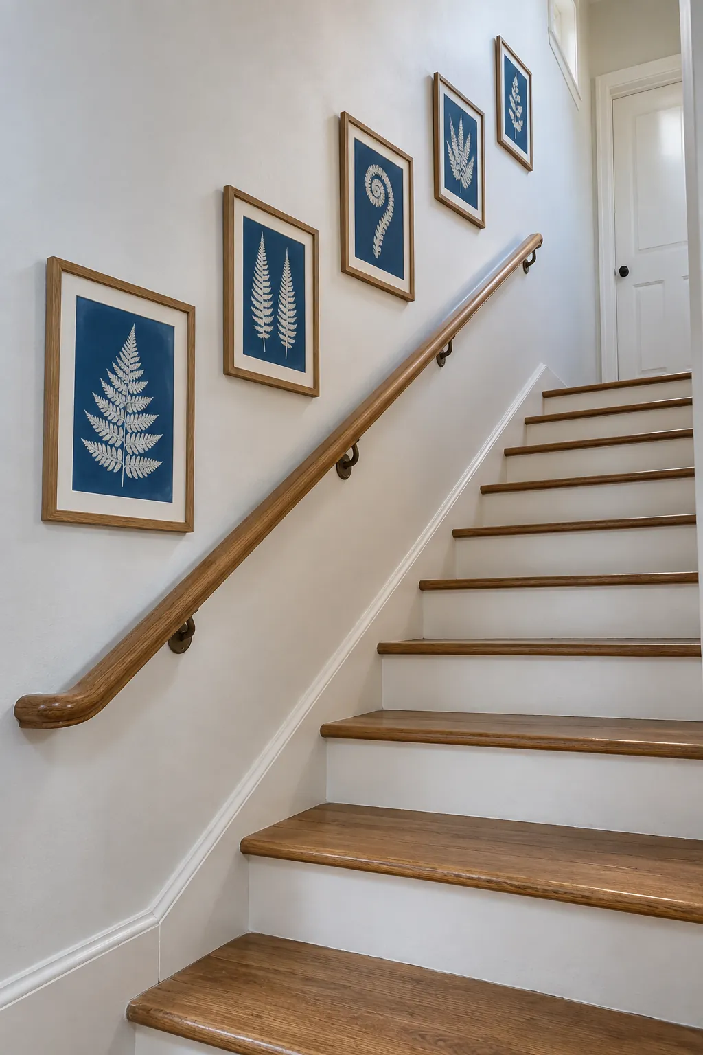 A staircase arrangement that follows the climb picture frame wall idea