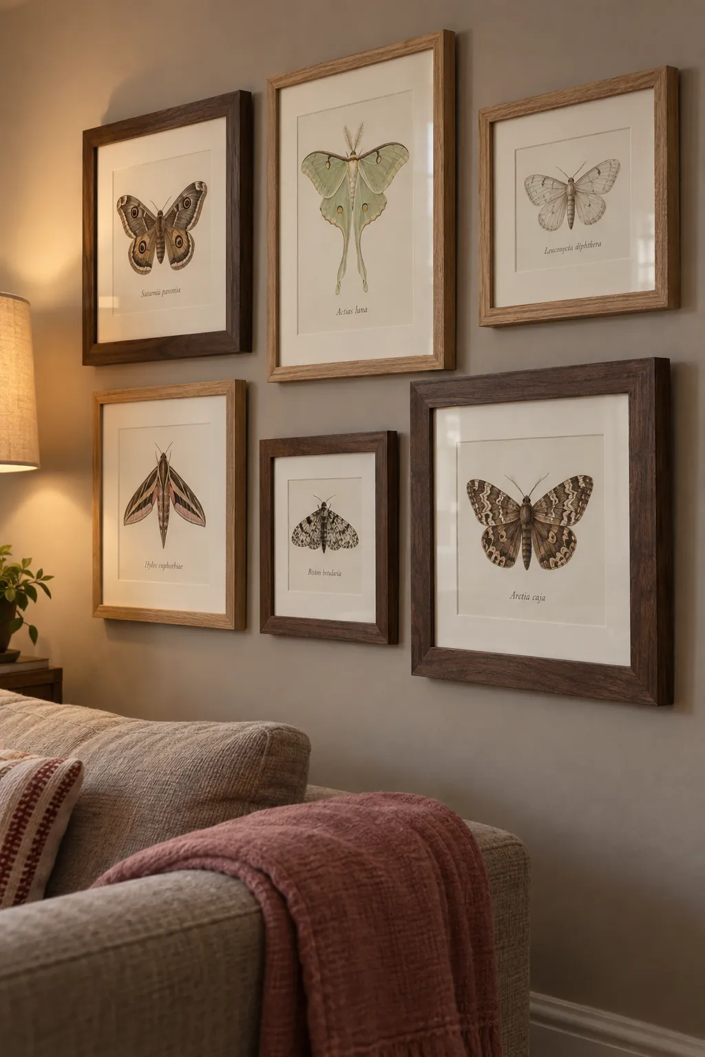 Mixed wood frames with a shared mat color picture frame wall idea