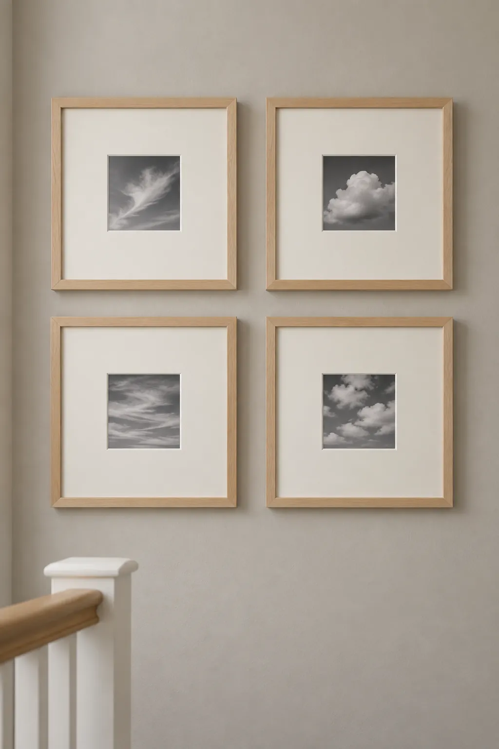Matching square frames with generous mats picture frame wall idea