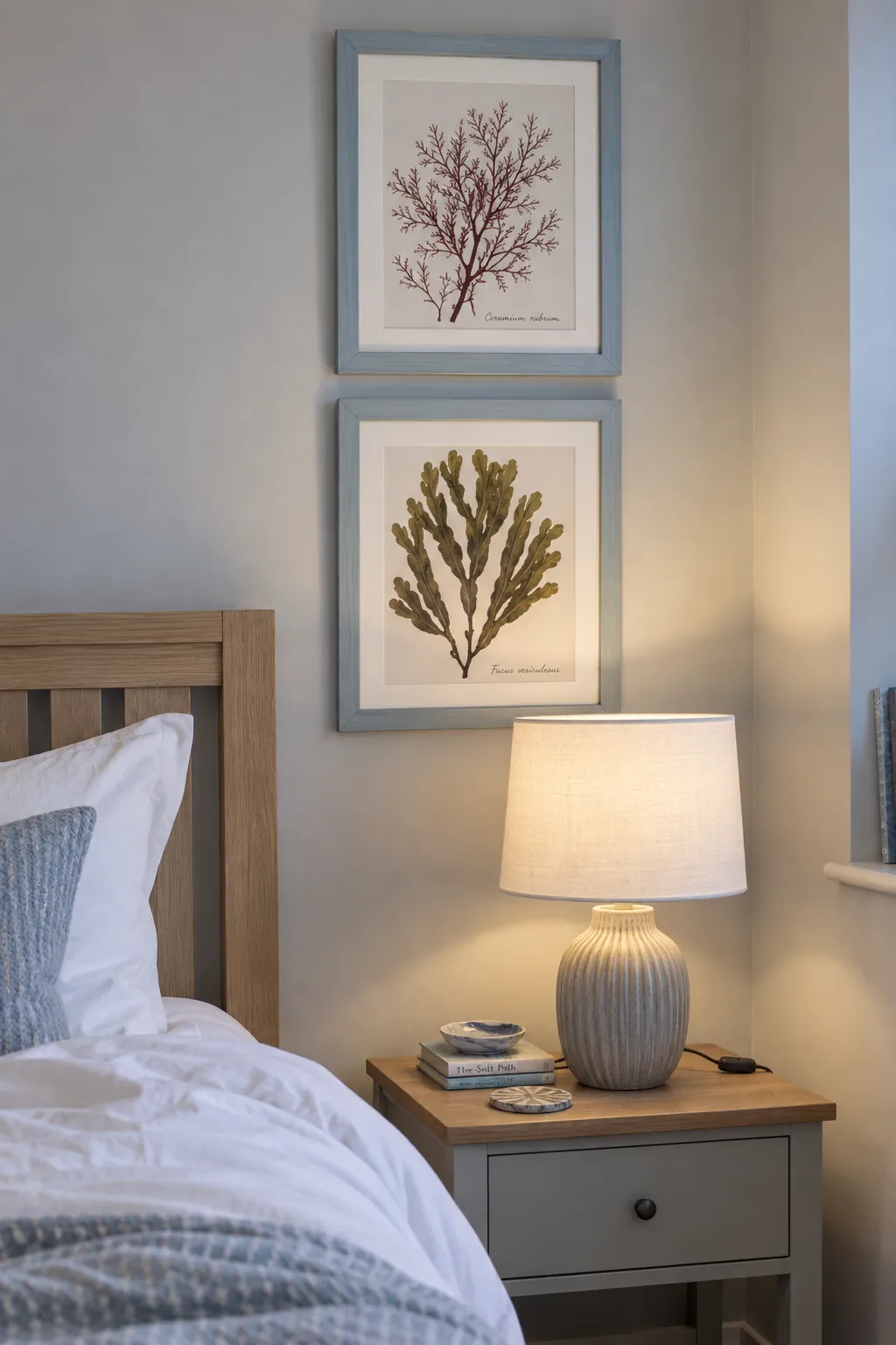 A symmetrical pair above a bedside table picture frame wall idea