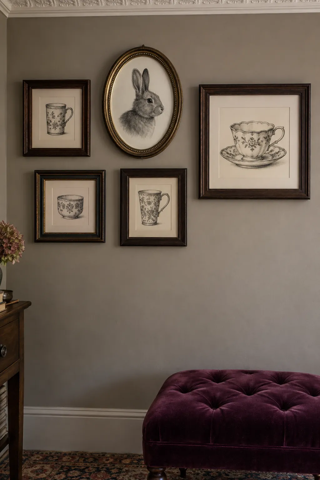 A salon arrangement around an oval frame picture frame wall idea