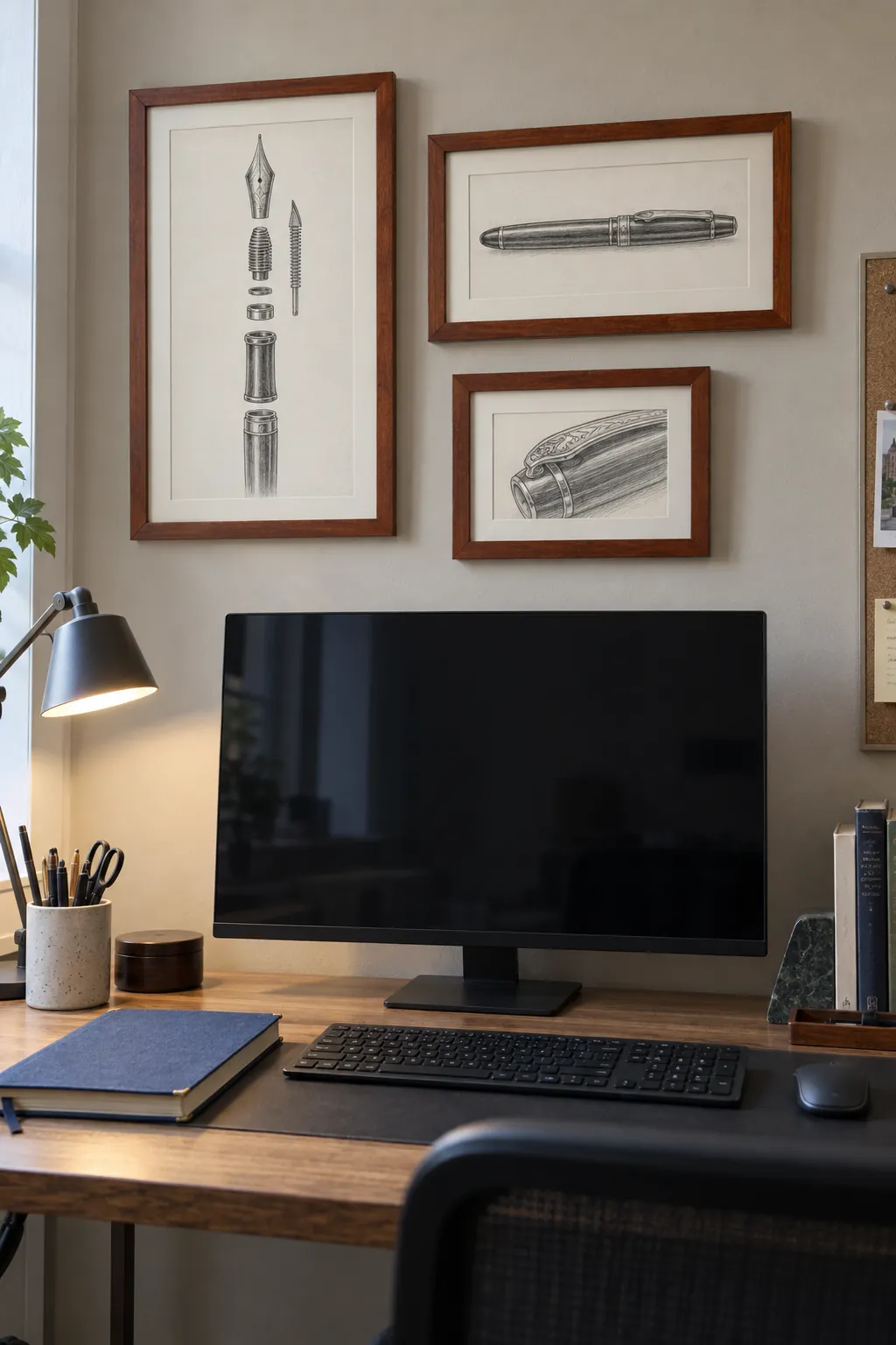 A gallery above a working desk picture frame wall idea