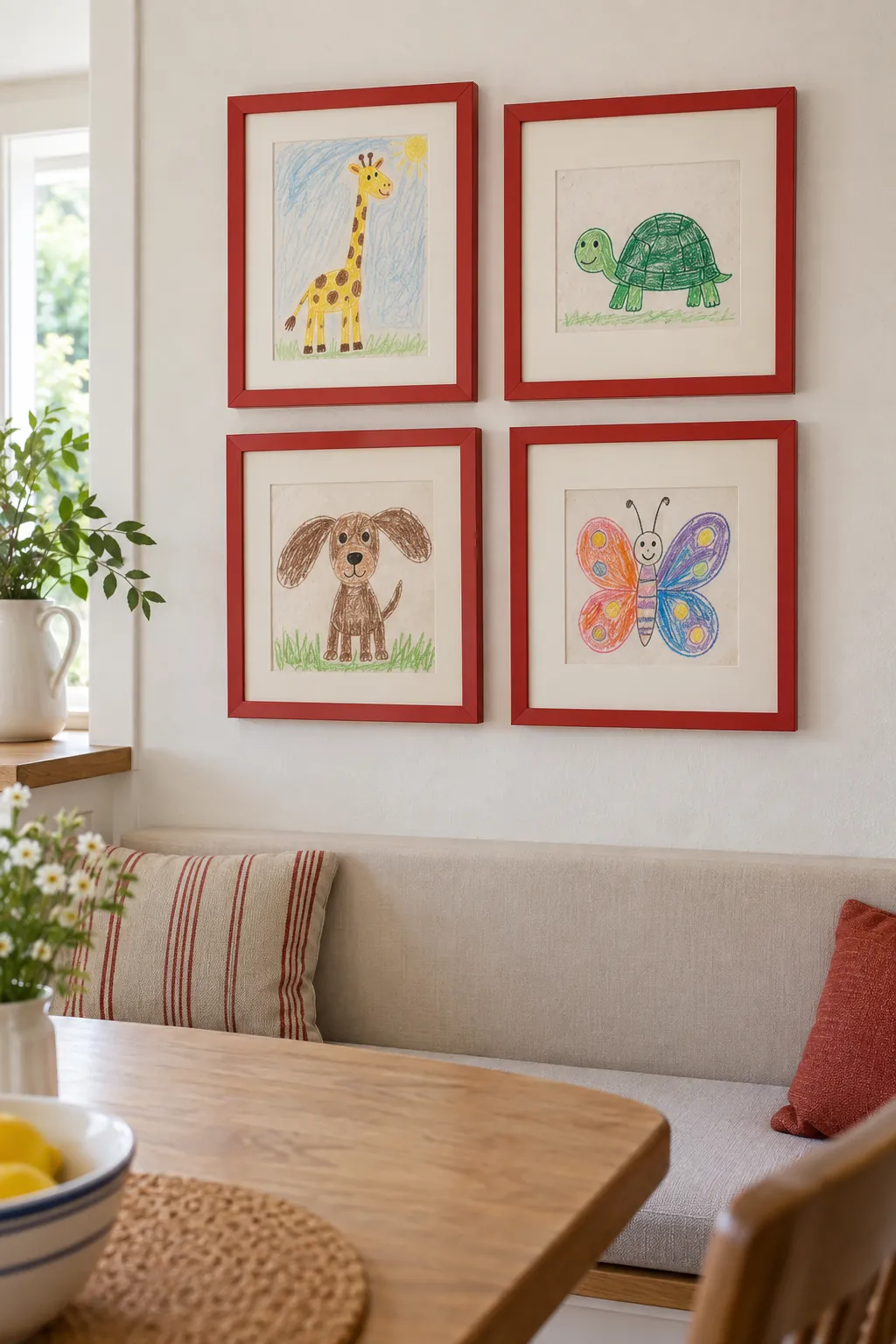 Children’s drawings in grown up frames picture frame wall idea