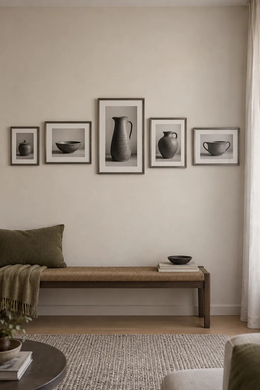 A horizontal line through different sizes picture frame wall idea