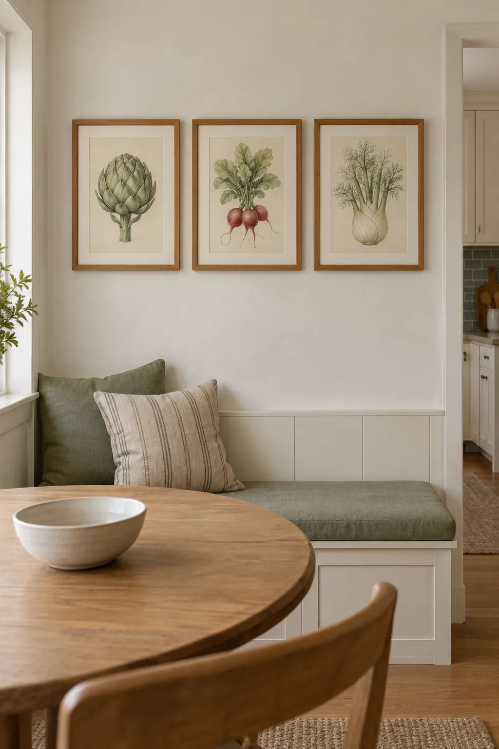 A quiet trio over a dining bench picture frame wall idea