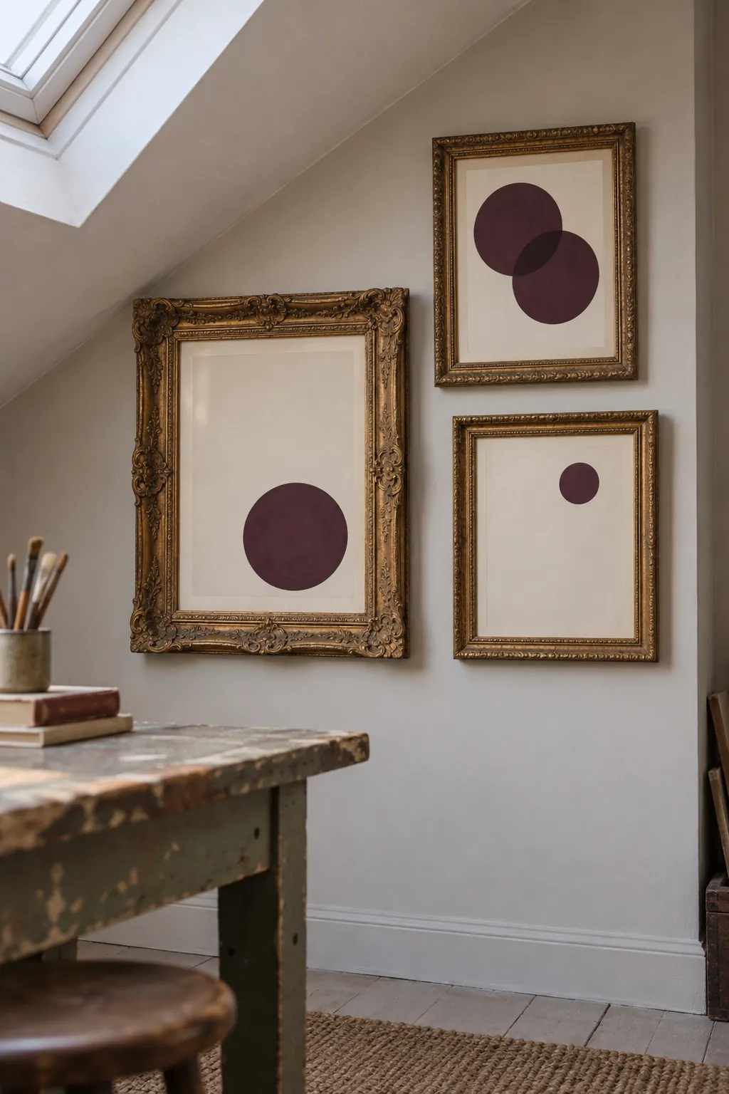 Vintage frames with modern abstract prints picture frame wall idea