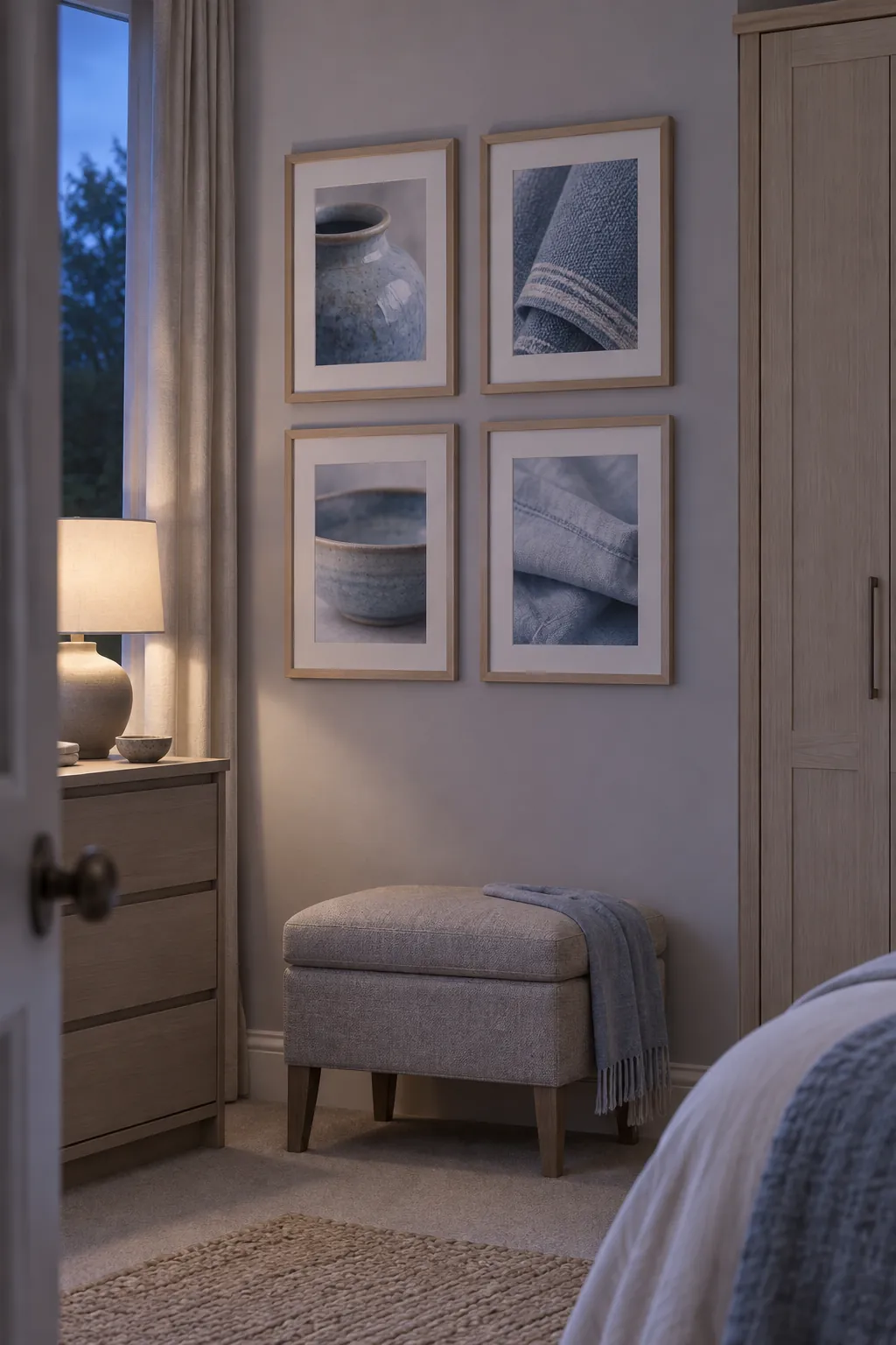 A soft color story for a restful bedroom picture frame wall idea