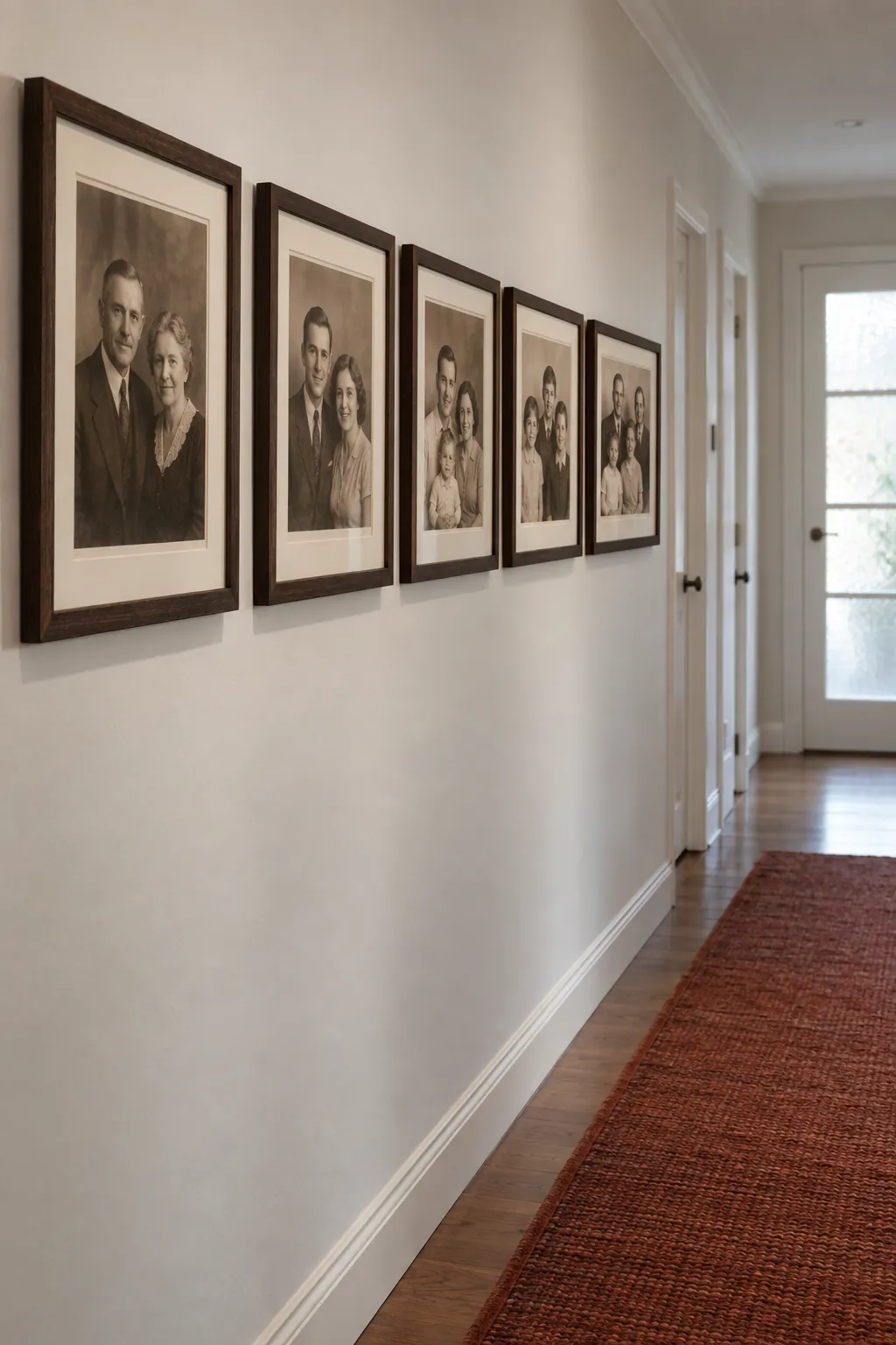 A family timeline along a hallway picture frame wall idea