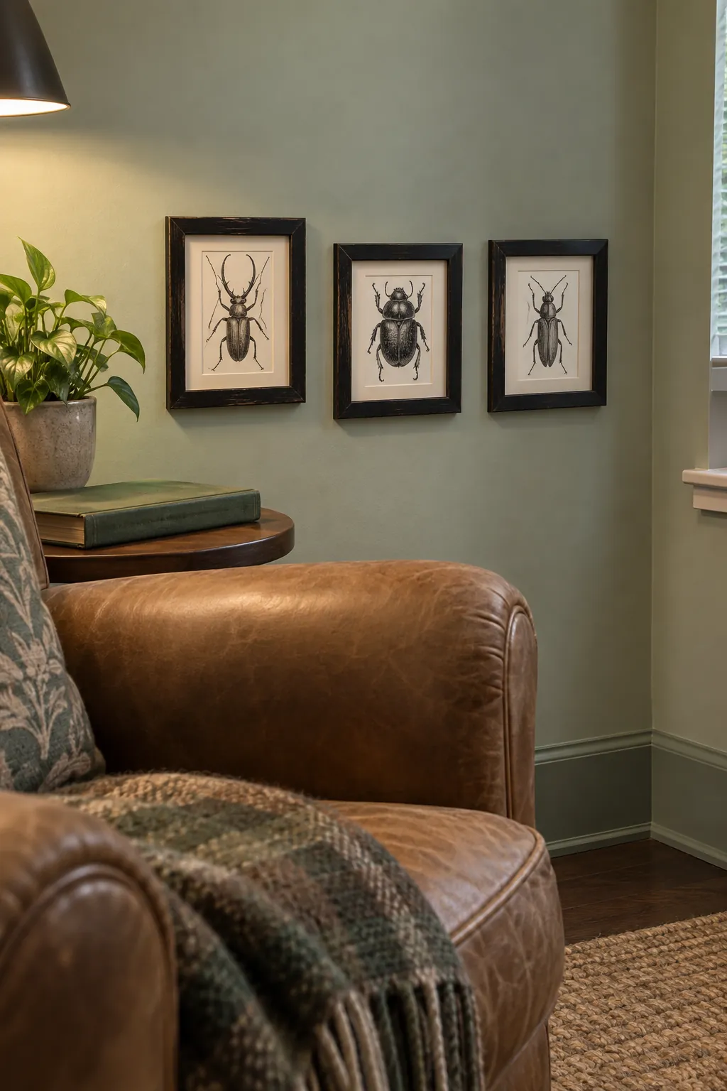 A low arrangement beside a reading chair picture frame wall idea