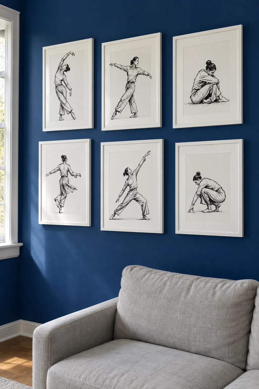 White frames on a deep colored wall picture frame wall idea