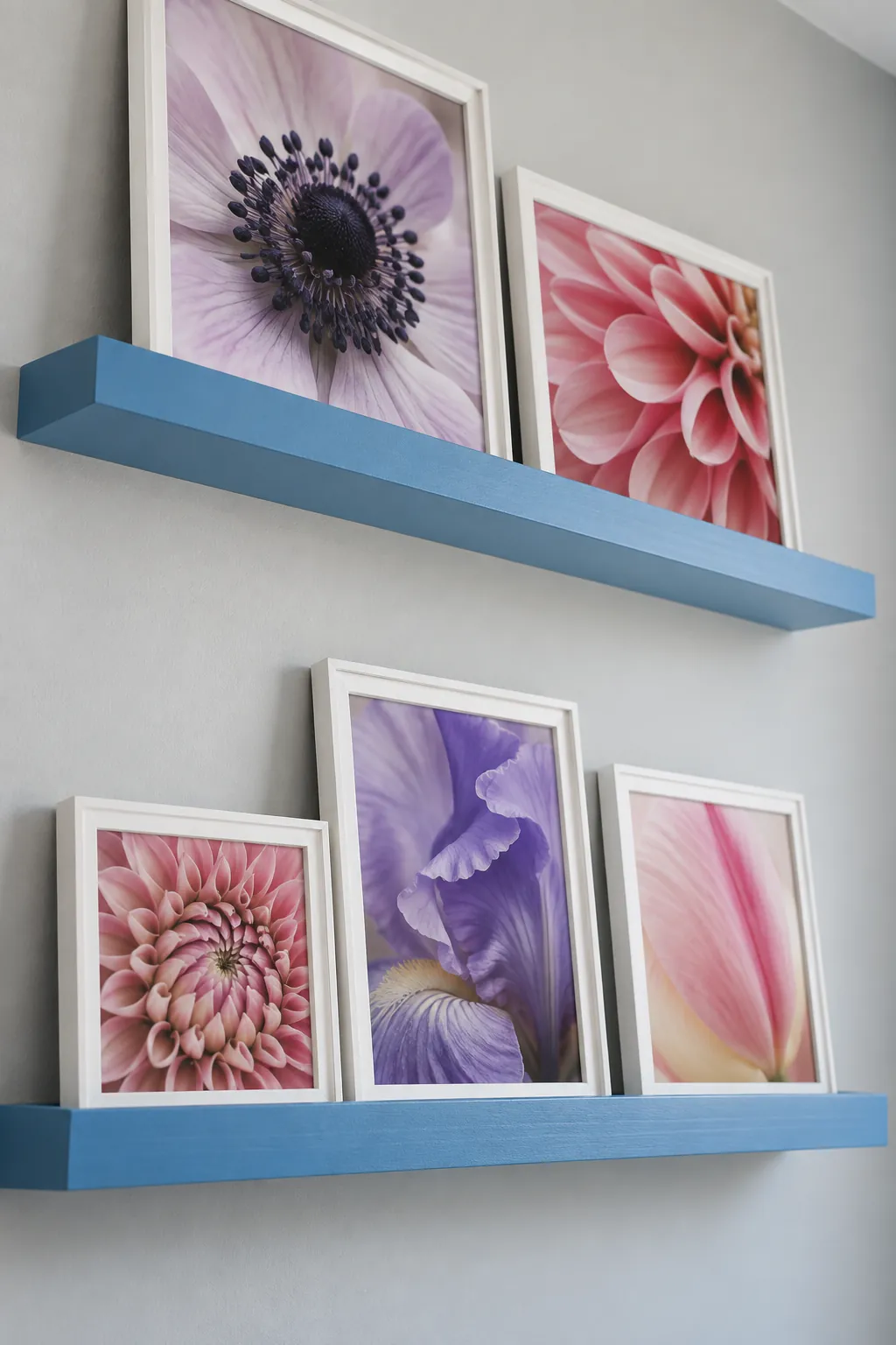 A pair of shelves for rotating photographs picture frame wall idea