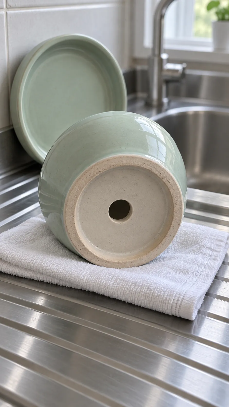 A pale green empty ceramic planter resting on its side on a sink draining board, its real drainage hole clearly visible beside an upright matching saucer.