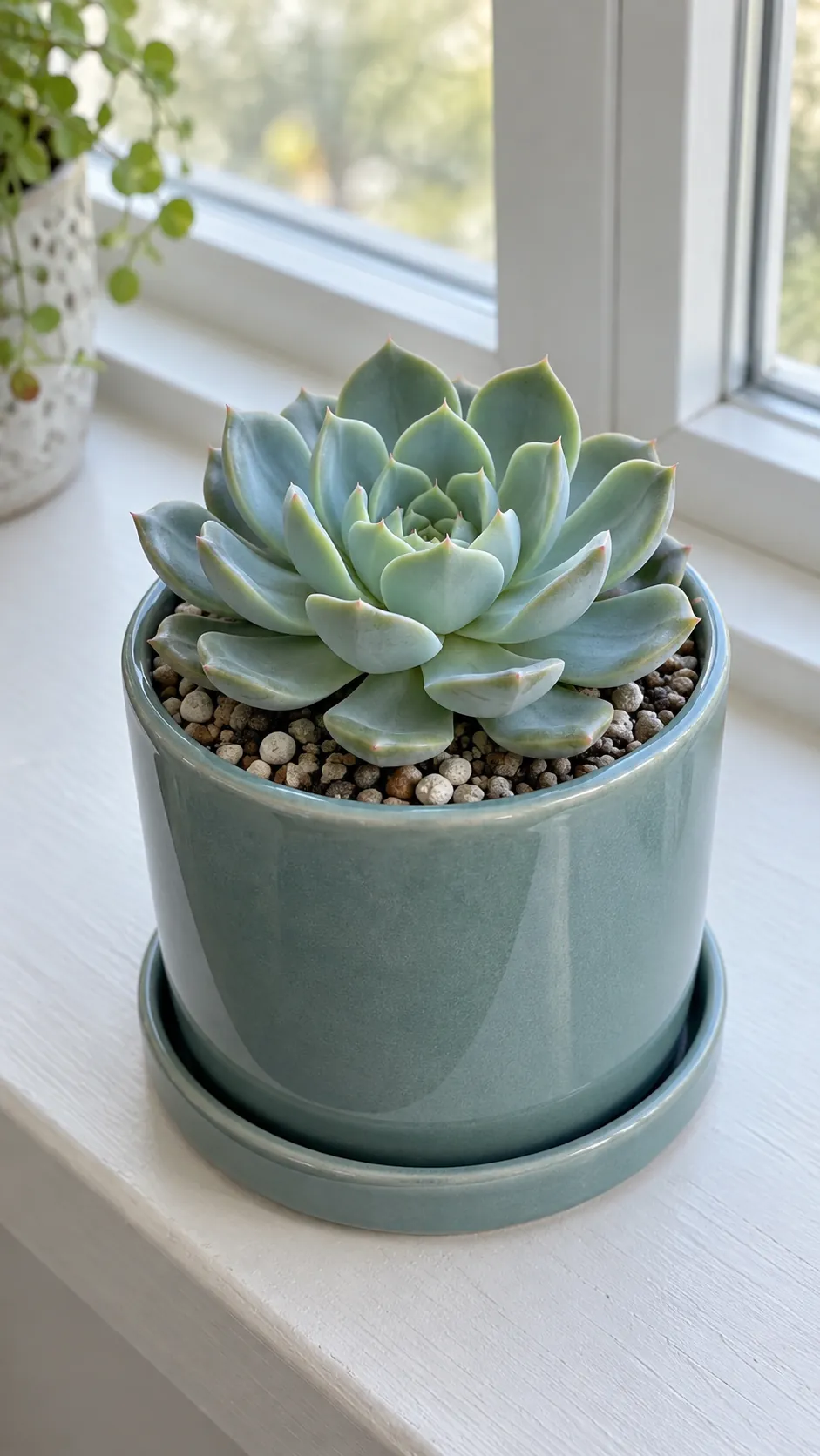 Compact echeveria in a teal ceramic planter with a separate saucer