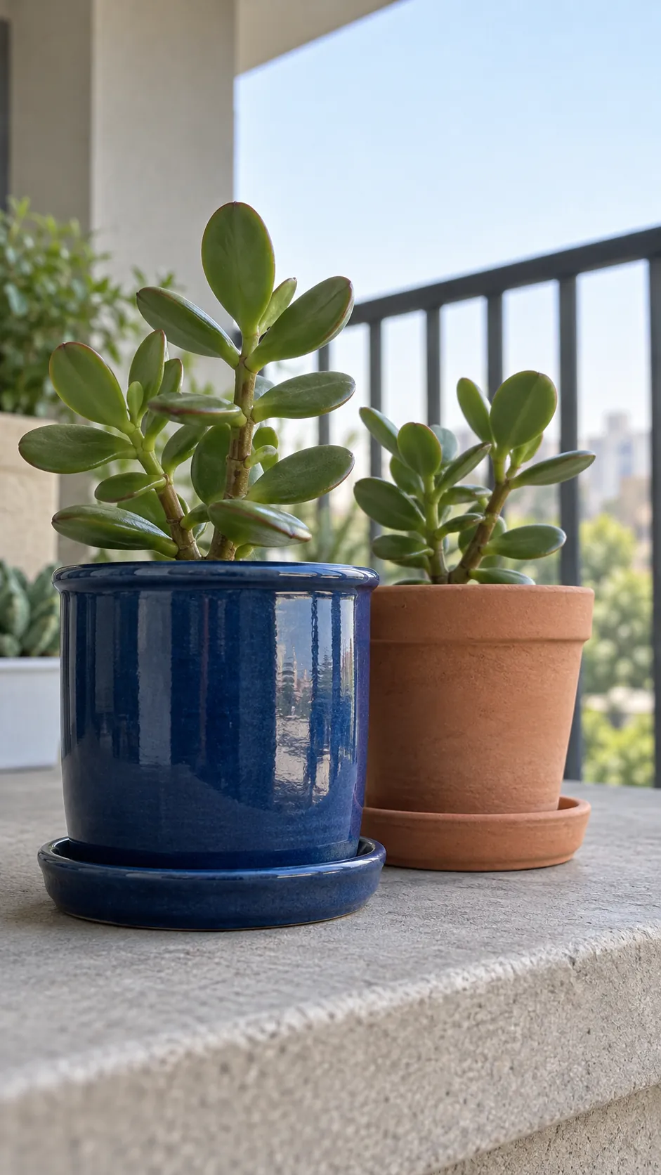 Two differently finished small ceramic pots holding comparable jade plants on a sheltered outdoor ledge, one smooth glazed blue and one plain porous terracotta, photographed at low side level.