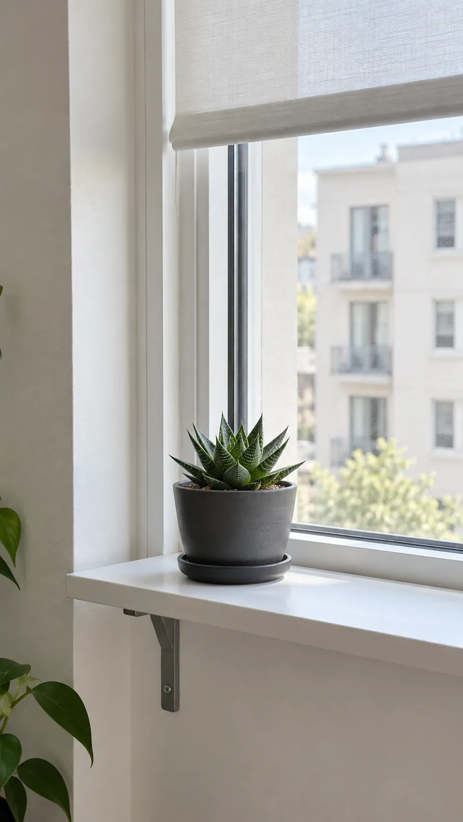 A single compact haworthia in a charcoal ceramic pot on a bright apartment window shelf, photographed from farther back with daylight and a clear uncluttered growing space.