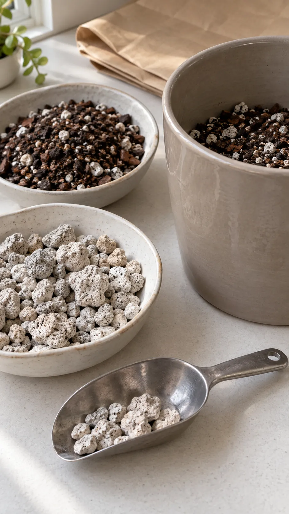 A close real tabletop view of pumice and succulent mix in separate shallow dishes beside a partially filled plain ceramic pot and a small scoop, no diagram or cutaway.