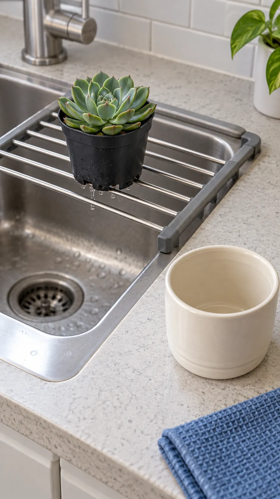 A small succulent nursery pot draining on a raised sink rack with its empty ivory ceramic cachepot waiting safely on the dry counter, a quiet domestic care scene.
