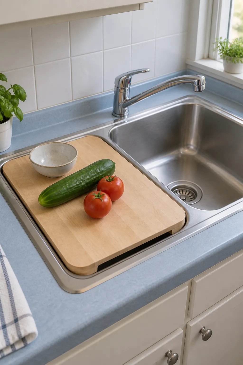 Fitted over sink board with a second basin left accessible
