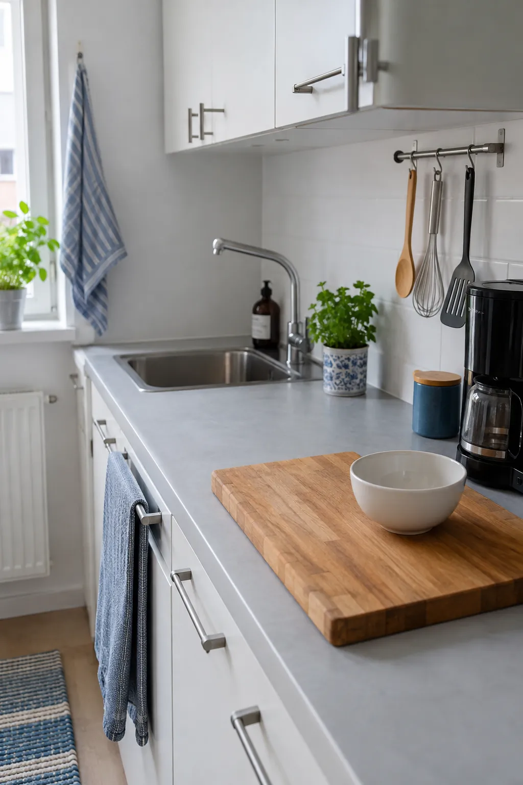 Clear preparation counter in an organized small kitchen