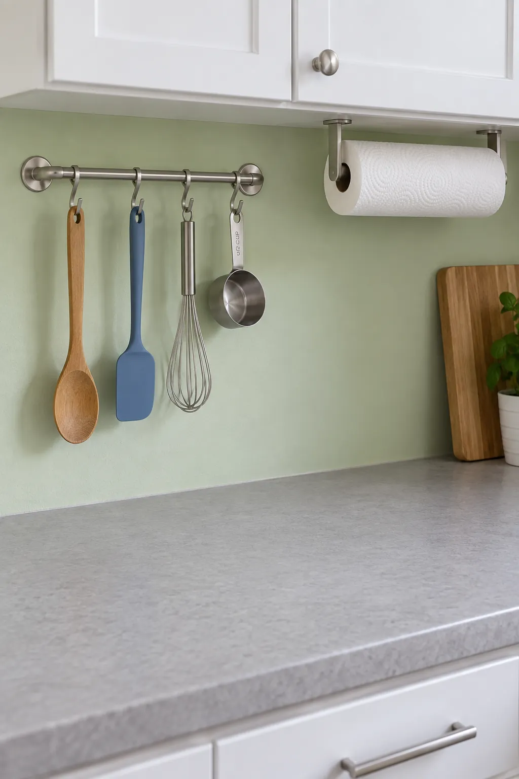 Daily utensils on a kitchen rail above a clear worktop