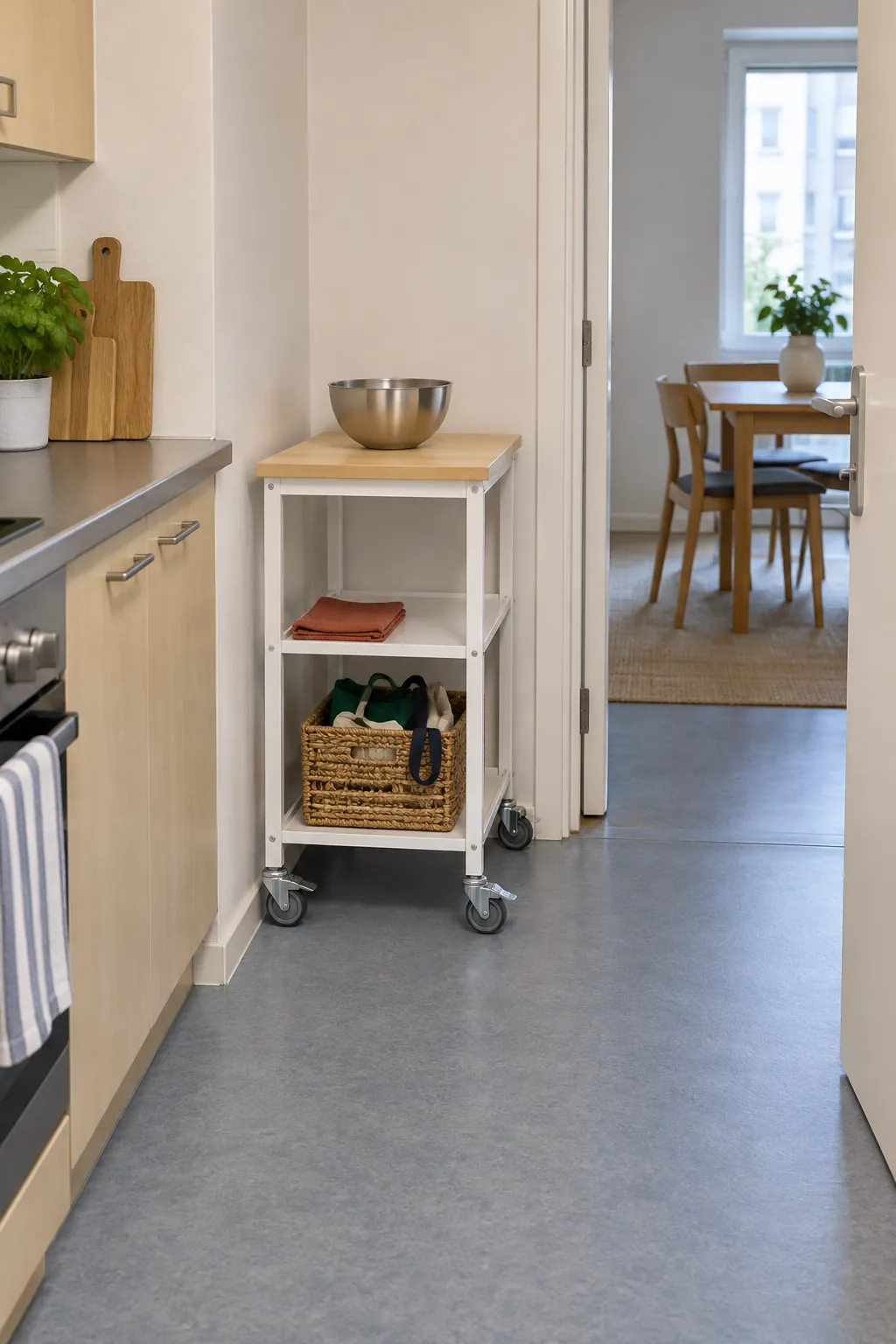 Slim rolling cart parked outside the kitchen doorway