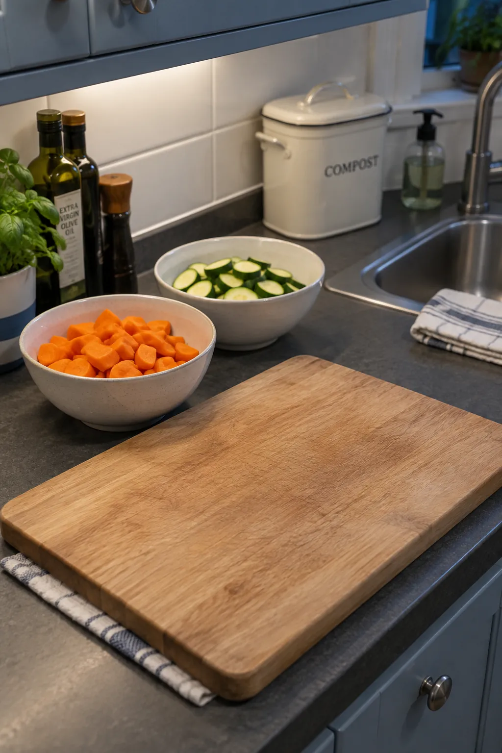 Vegetables prepared in bowls beside a reset cutting board