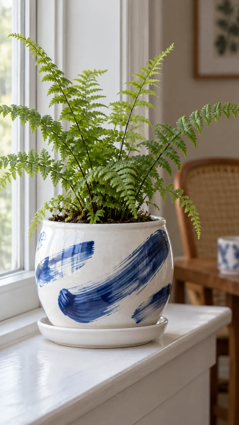 a white ceramic pot with loose cobalt brush strokes and a young fern in a breakfast room painted timber sill