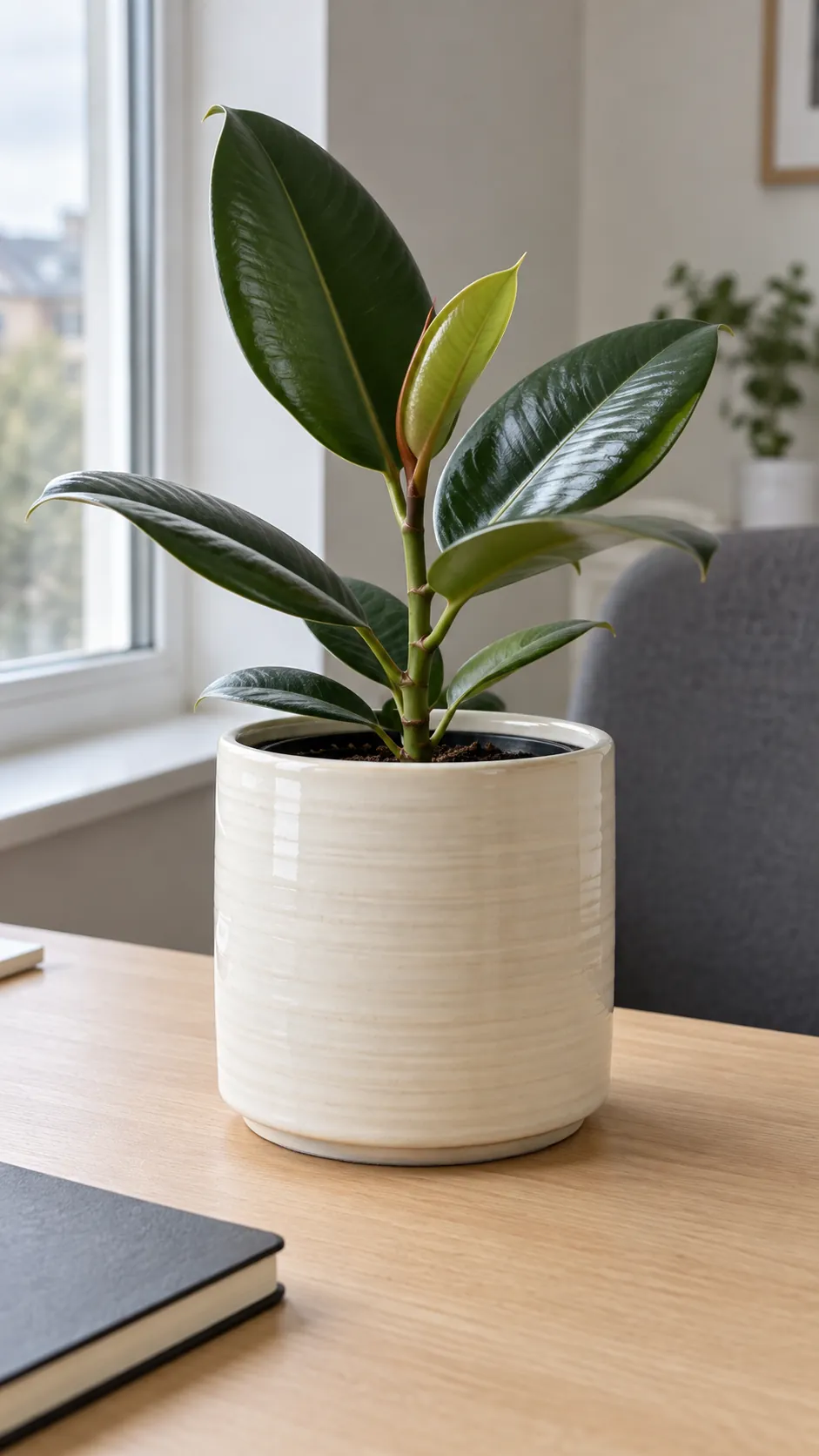 a quiet ivory wheel thrown cylinder with a young rubber plant in an inexpensive beech desk beside a north window