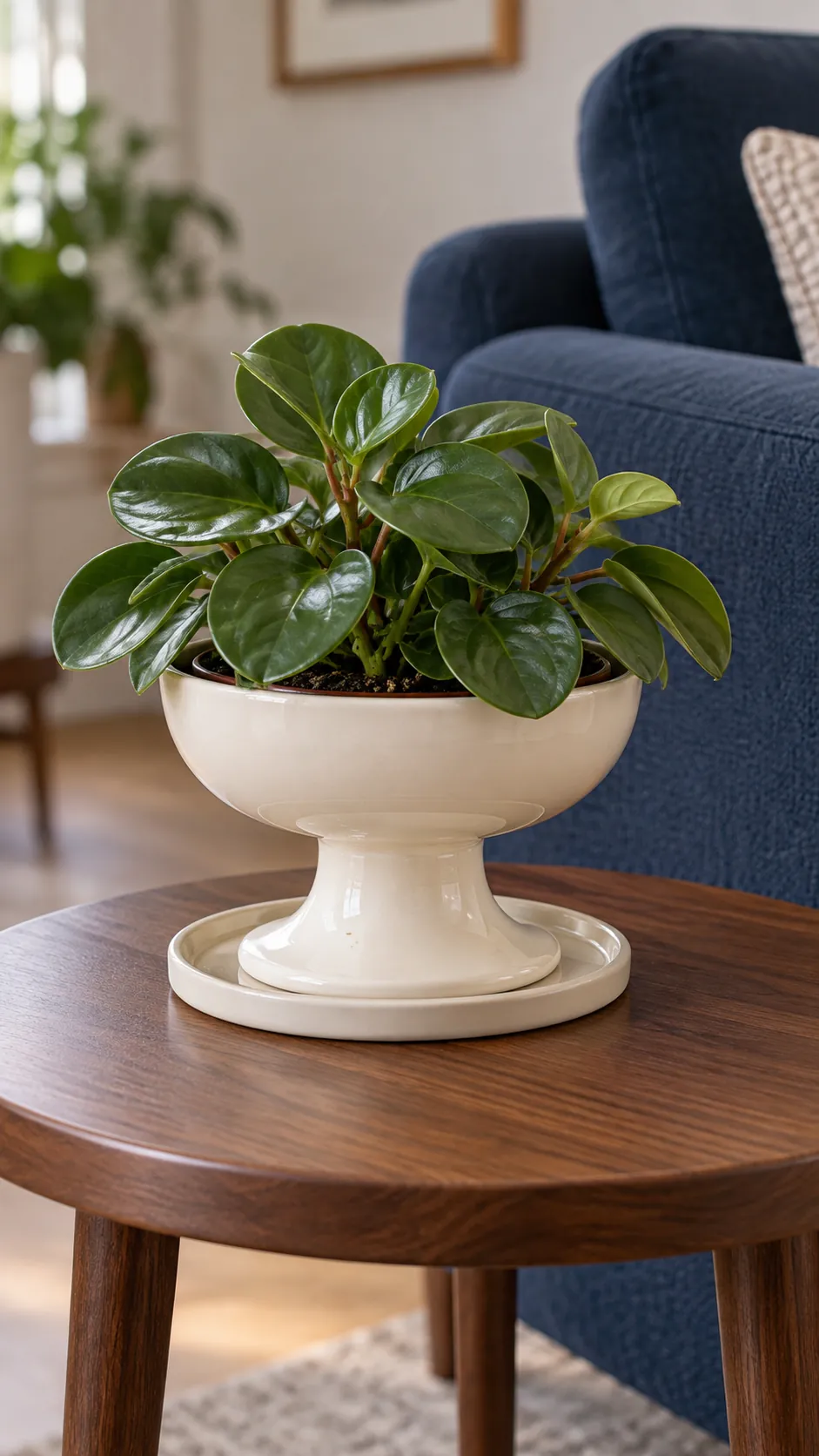 a short ivory pedestal planter with one compact peperomia in a small round walnut side table in a sitting room