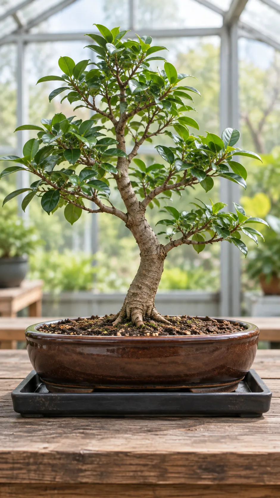 a shallow oval dark brown ceramic pot holding a small trained ficus in a sturdy garden room timber bench