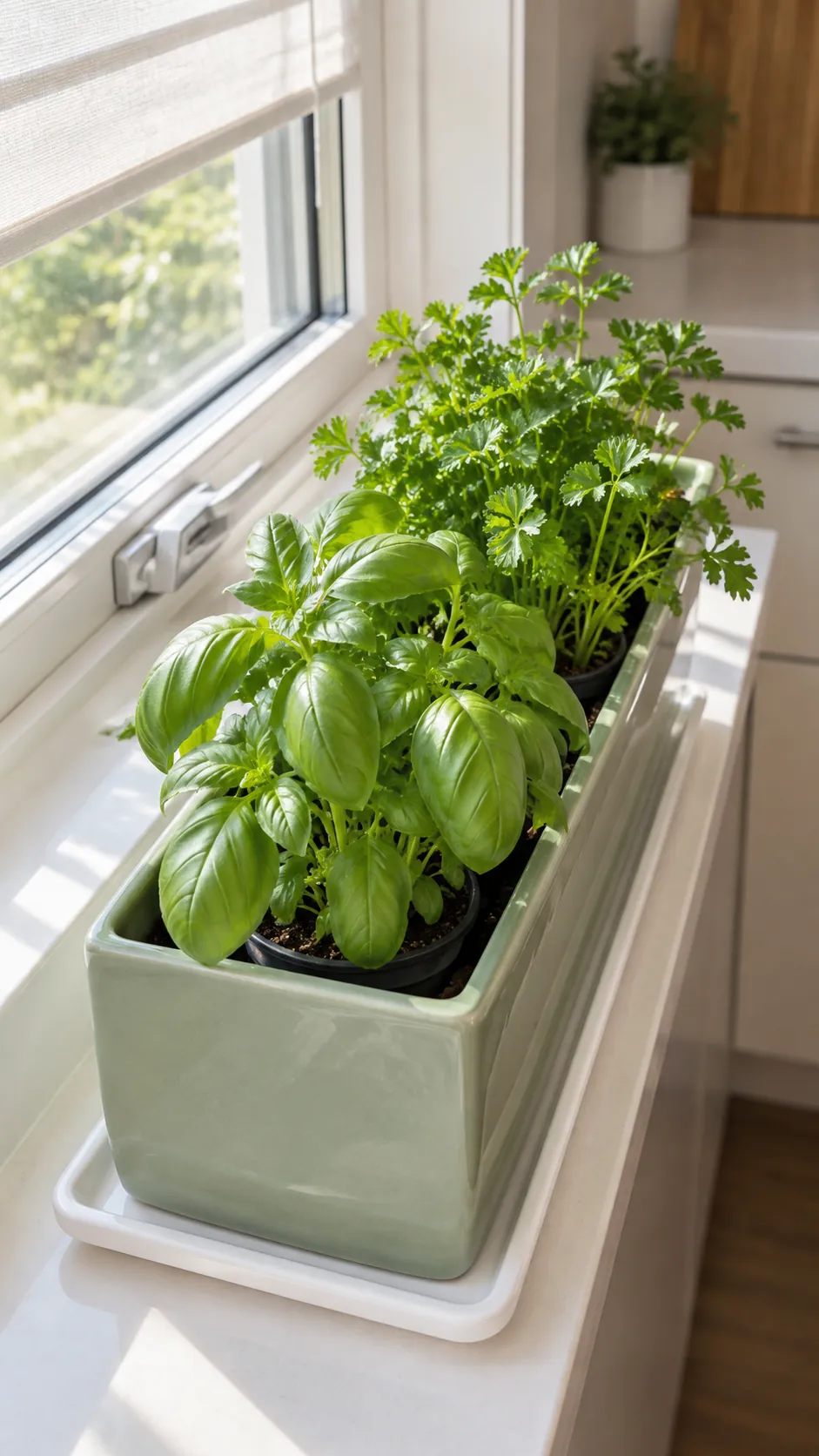 a pale sage rectangular ceramic trough holding separate basil and parsley nursery pots in a wide kitchen sill clear of a sliding window latch