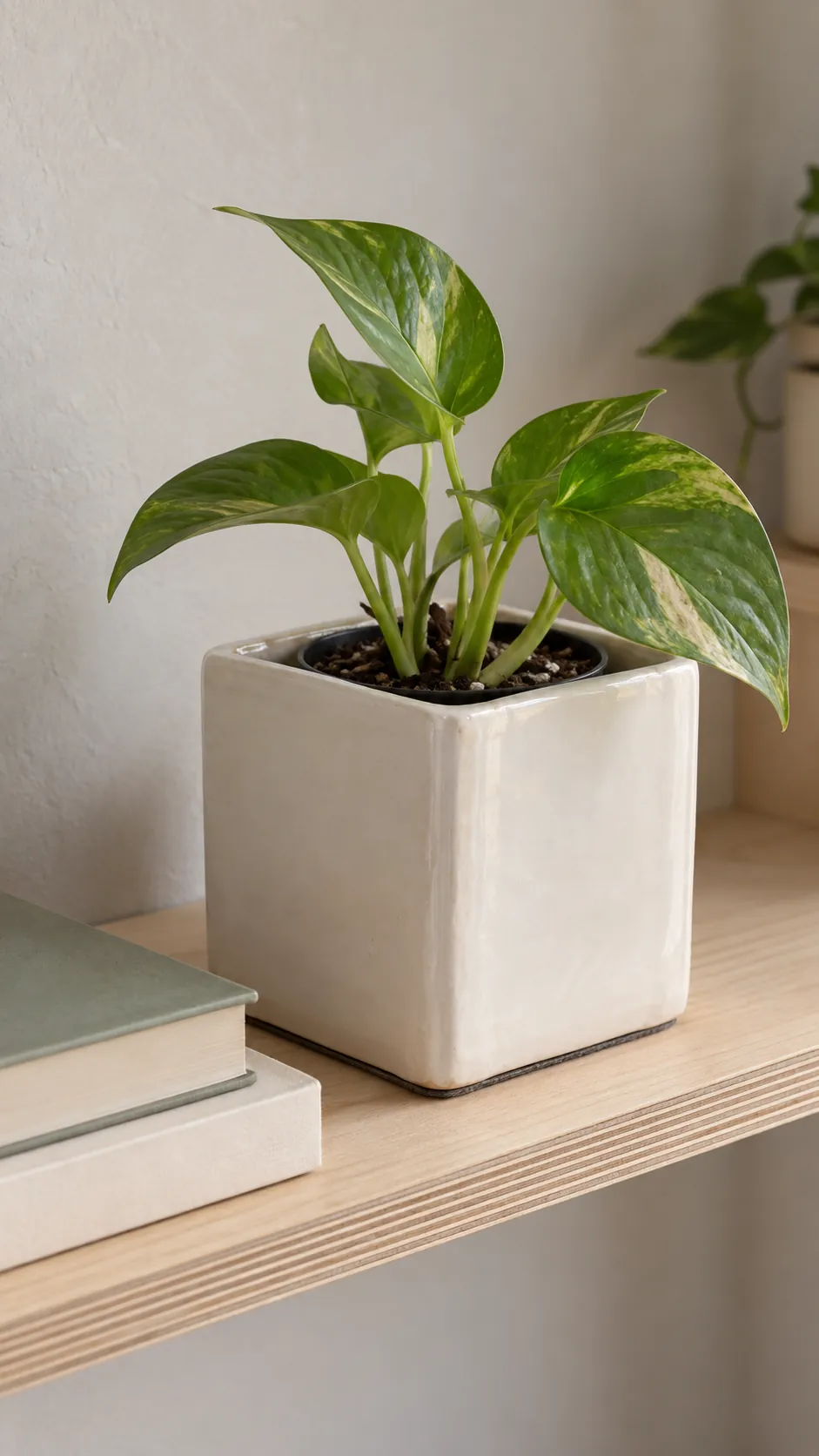 a softened square slab built pot in warm white with a leafy cutting in a student apartment plywood book ledge