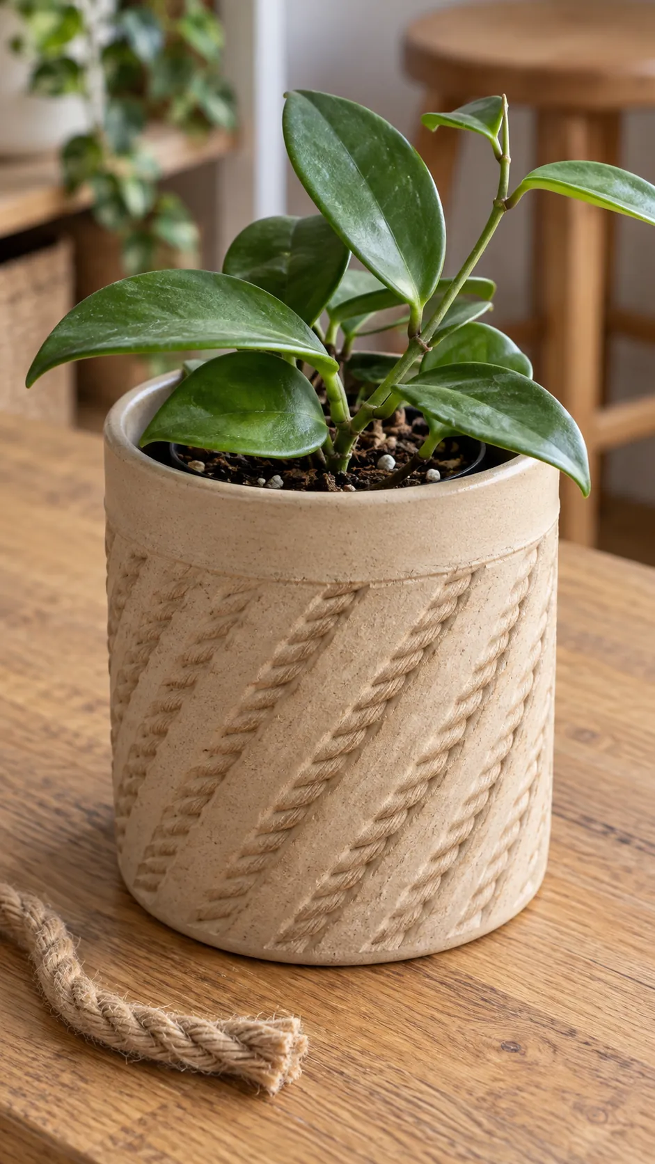 a sand colored ceramic cylinder with rope impressions and a young hoya in a home craft room oak worktable after cleanup
