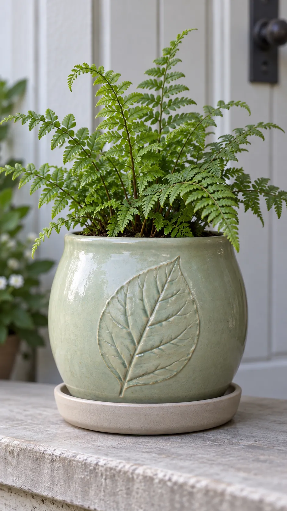 a pale green rounded pot with one pressed leaf relief and a little fern in a sheltered porch ledge beside a garden door