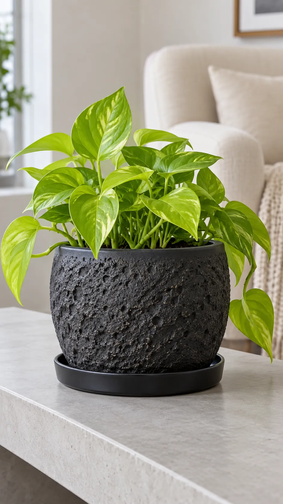 a charcoal textured ceramic pot with a bright lime green pothos in a pale concrete console in a modest living room